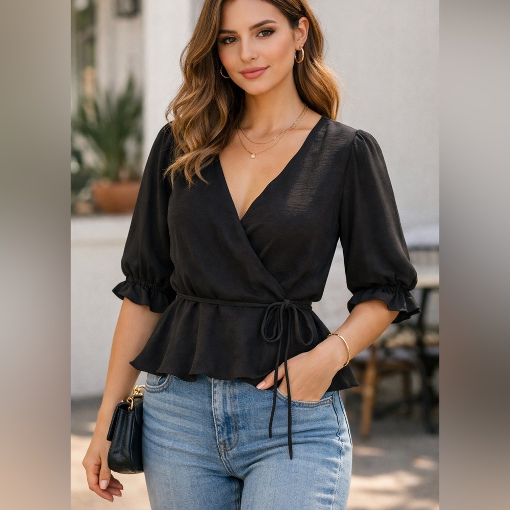 Mustard Seed Black Wrap Peplum Blouse Textured Crepe Puff Sleeve Top Size S